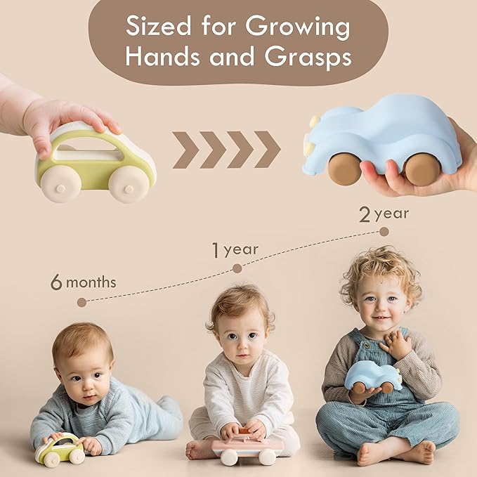 Moonkie Food-Grade Silicone Toy Cars for Toddlers 6M+ | Push & Go Baby Vehicles | One-Piece Safe Design, Easy to Clean & Grasp | Perfect 1st Birthday Gift | 3-Pack