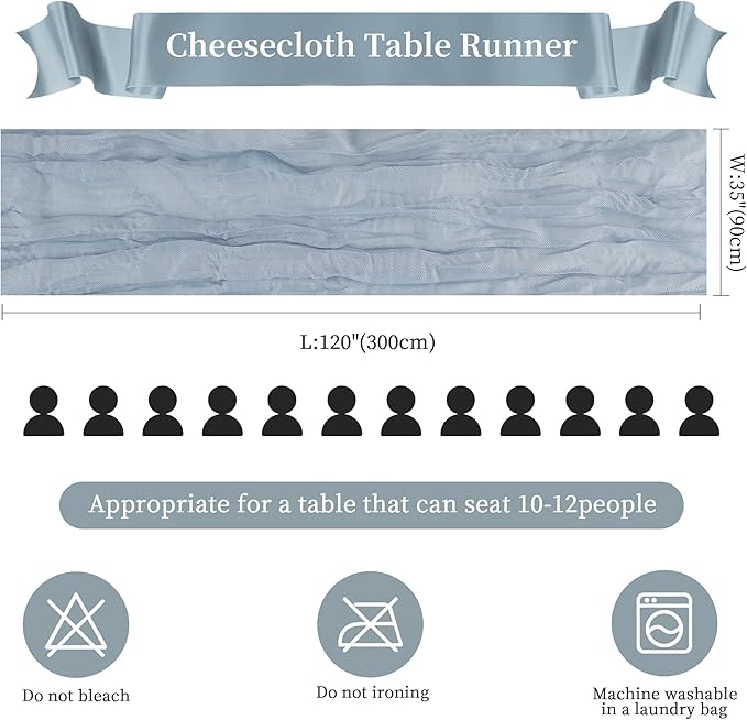 24 Pack Dusty Blue Cheesecloth Table Runner 10FT Long Boho Gauze Table Runner Rustic Sheer Runner for Wedding Bridal Baby Shower Birthday Party Table Decor Thanksgiving Christmas Decorations