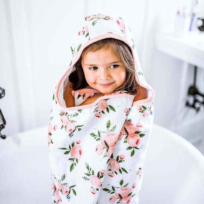 Little Unicorn Premium Hooded Bath Towel| Absorbent Cotton & Terry Blend | Larger Size, 1-6 Years (Watercolor Roses)