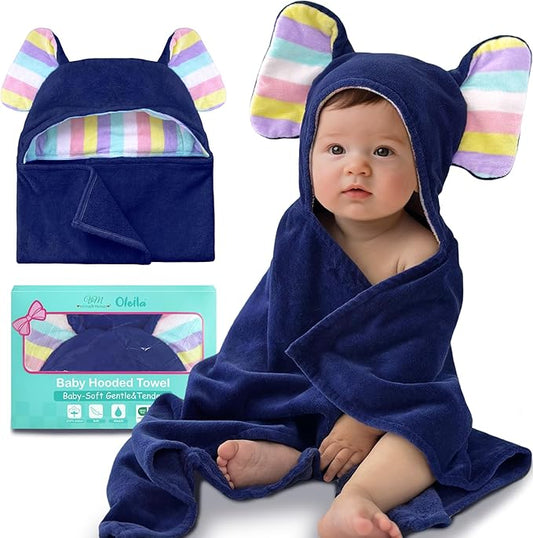 VOOVA & MOVAS Baby Hooded Bath Towel - 100% Cotton, 33x23.5 Inches,0-3Years, Super Absorbent Large Towel with Cute Elephant Ears Hood for Newborn, Baby, Toddler,Navy