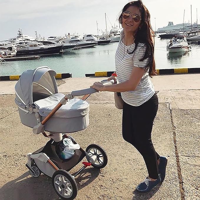 Hot Mom New H5 Baby Stroller 360 Degree Rotation Function, PU Leather Seat Combo Pushchair & Pram, Grey