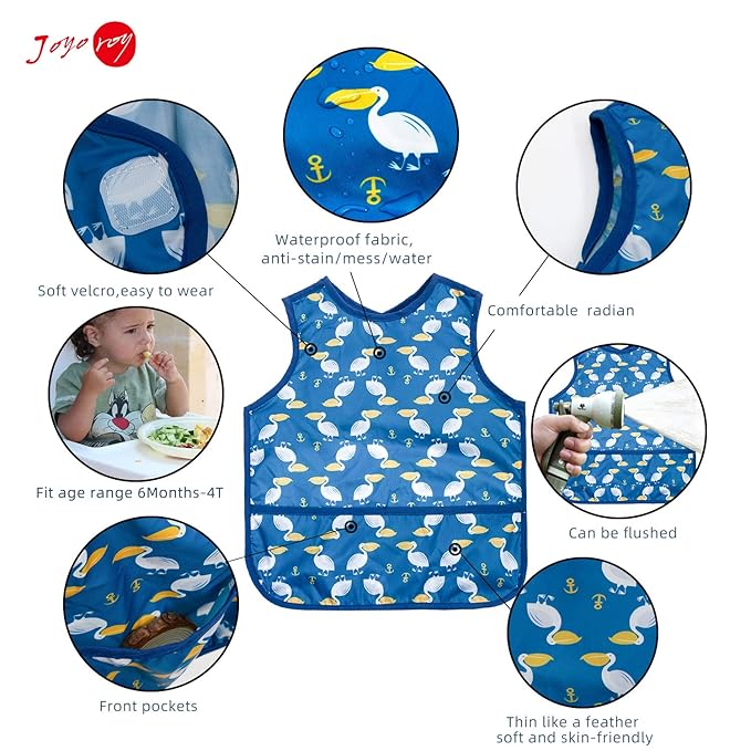 Joyo roy Mess Proof Baby Bibs for Eating Waterproof Toddler Bibs 1-3 Years Soft Machine Washable Sleeveless Baby Smock Bib for Boys Travel Reusable Led Weaning Apron for Feeding Bib with Food Catcher