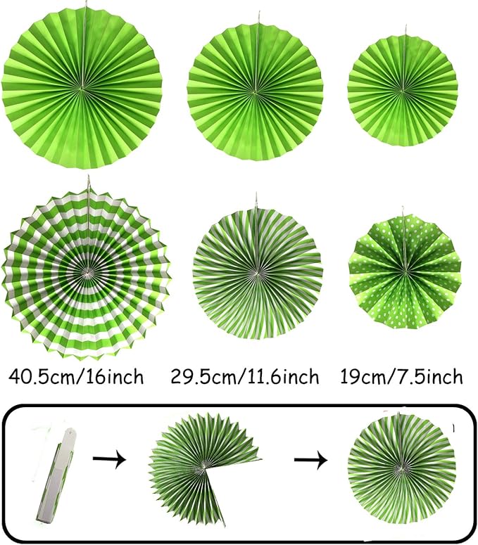 ZERODECO Party Decoration, 21 Pcs Green Hanging Paper Fans, Pom Poms Flowers, Garlands String Polka Dot and Triangle Bunting Flags for Golf Party Dinosaur Birthday Parties Arbor Day