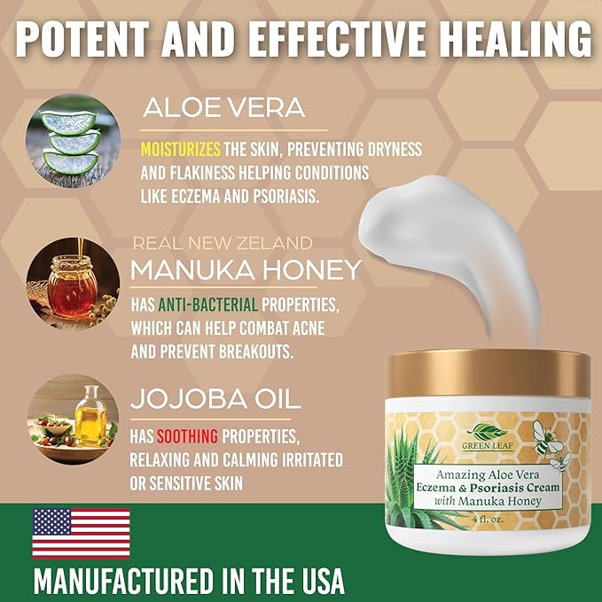 Manuka Honey Eczema Cream Moisturizing Lotion Fragrance Free For Psoriasis Relief - Itchy, Dry Skin Rash Ointment - Skin Soothing Moisturizer - Body & Face Cream - Kids & Adults 16oz