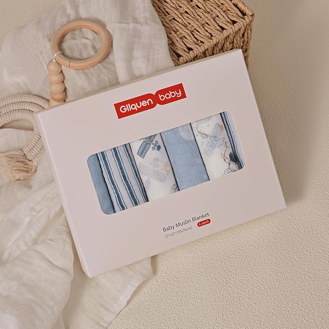 GLLQUEN BABY Receiving Blanket Boy Cotton Muslin Swaddle Blankets Girl Newborn Squares Breathable & Soft Thin Baby Blankets Cloths Double Absorbent Infant Swaddling Wrap - 6 Pack (Blue Astronaut)