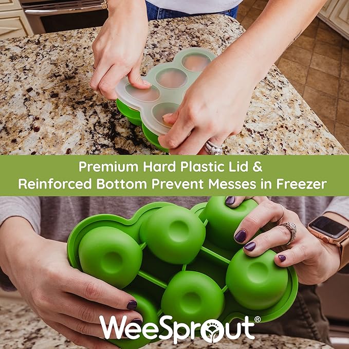 WeeSprout Silicone Baby Food Freezer Tray with Clip-on Lid - Perfect Storage Container for Homemade Baby Food, Vegetable & Fruit Purees, and Breast Milk (Matte Green, Six 3 Ounce Sections)