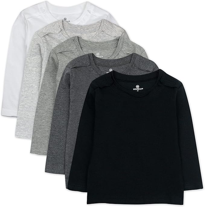 HonestBaby 5-Pack Long Sleeve T Shirts 100% Organic Cotton for Toddler, Little Kids Boys, Girls