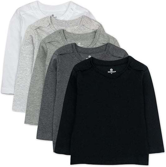 HonestBaby 5-Pack Long Sleeve T Shirts 100% Organic Cotton for Toddler, Little Kids Boys, Girls