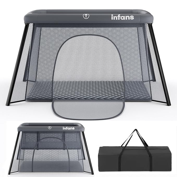 INFANS Travel Crib, Portable Baby Playpen with Removable Bassinet Soft Mattress Carry Bag, Foldable Lightweight Playard Nursery Center for Newborns Toddlers (Dark Gray)