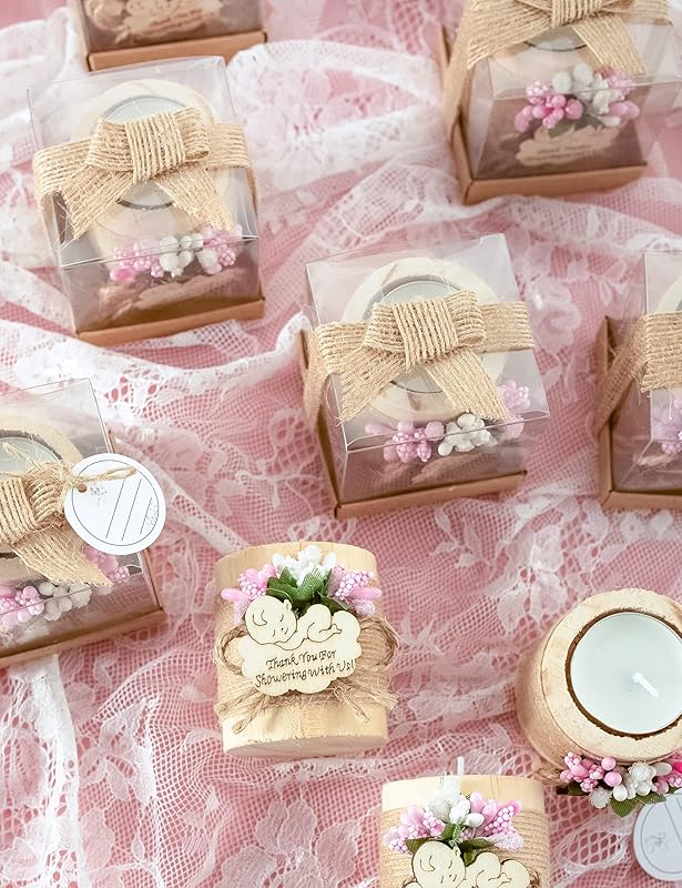 Ju's Favors Wooden Candle Holders (Set of 10), Baby Shower Favors, Candle Favors for Guests, Baby Christening Party Favors for Guests.(Light brown-pink)