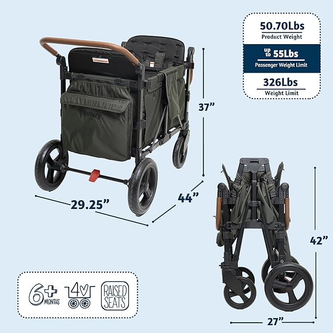 Keenz XC+ EVO - Luxury Comfort Stroller Wagon | Foldable 4 Passenger Quad Seater with Adjustable Canopy | Pine Green