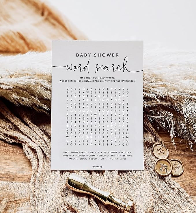 GardenCity 50 Baby Shower Word Search Game Cards, Fun Baby Shower Games for Boy or Girl, Gender Neutral - Minimalist