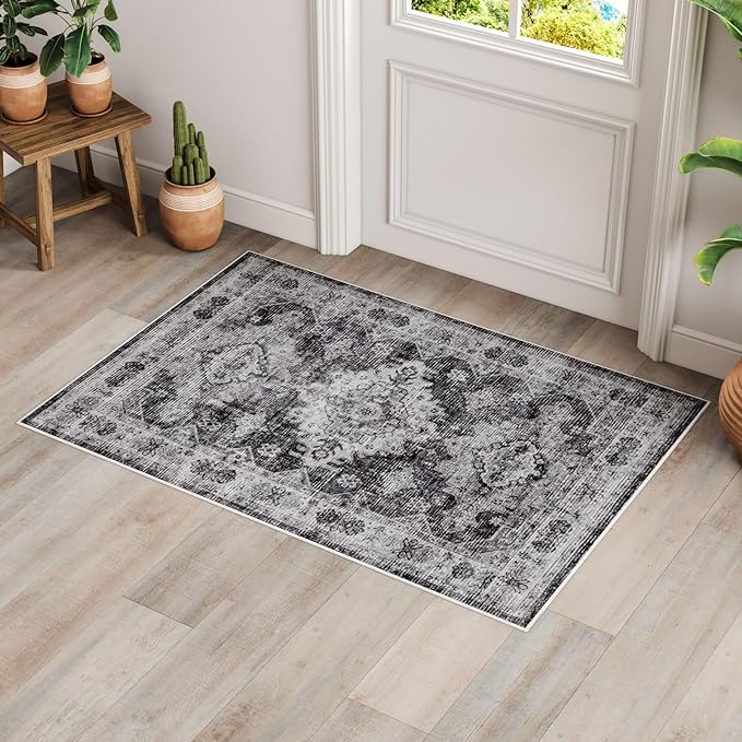 Dripex Vintage Washable Rug 2x3 Indoor Door Mat Non-Slip Entryway Rug Distressed Low-Pile Small Rug for Front Entrance Bathroom Rug Kitchen Living Room Bedroom
