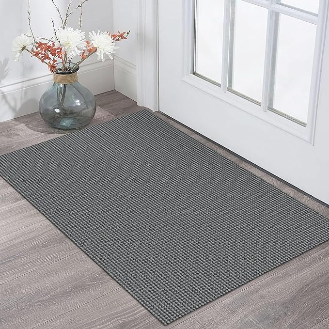 KOZYFLY Indoor Door Mat 2x3 ft Small Area Rugs Washable Front Door Mat Non Slip Rubber Backed Entryway Rug Cotton Entrance Doormat for Front Porch Bathroom Kitchen Bedroom, Grey/Dark Grey