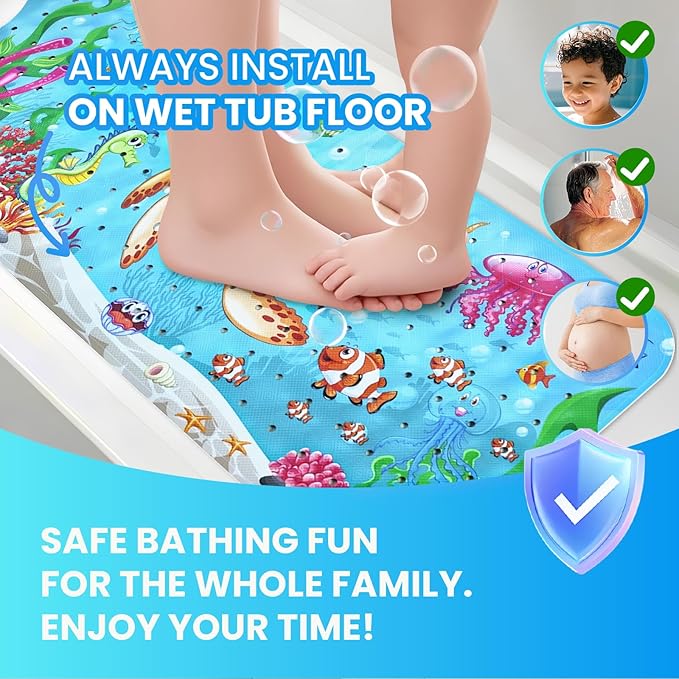 Linoows Baby Bath Tub Mat, 40 x 16 Inch Extra Large Non Slip Kids Cartoon Bathtub Shower Mats with Suction Cups & Drain Holes, Machine Washable for Bathroom, Undersea Sea Turtle