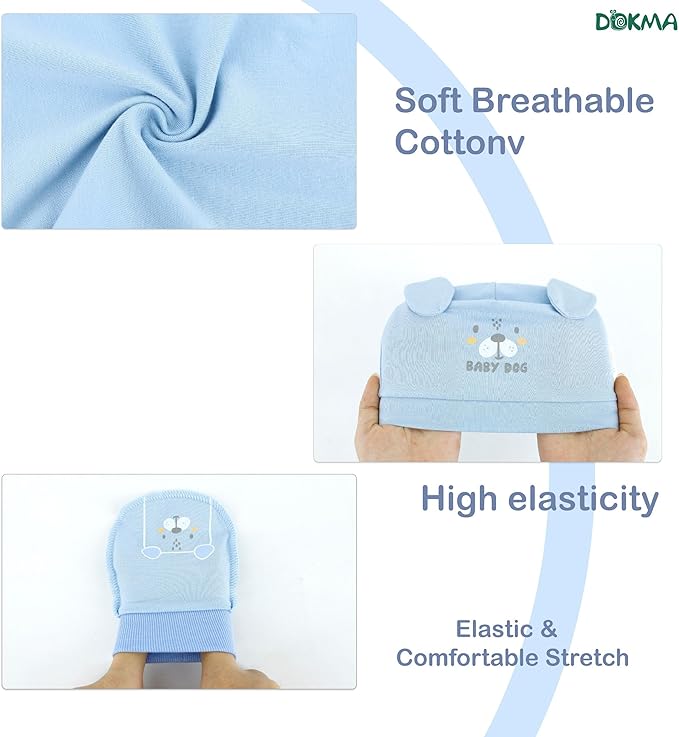 DOKMA Organic Cotton Baby Mittens and Caps Set with Adorable Bear Design for Newborn 0-6 Months, No Scratch, Ultra Soft - 5 Caps x 3 Mittens, Cute Blue