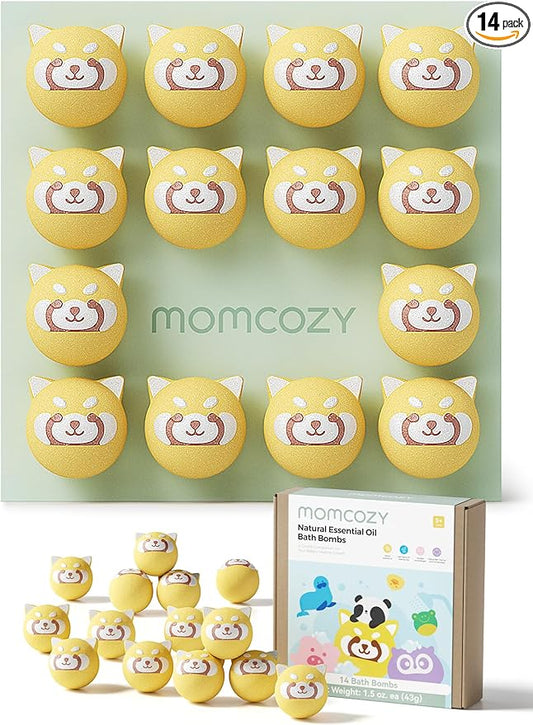 Momcozy Natural Essential Oil Bath Bombs,14 Pcs Bubble Bath Fizzy Balls with Red Panda Animal Shapes,Bath Bombs Gift Set for Kids Girls Boys Toddler,Ideal Gift for Children's Day,Bath Bomb