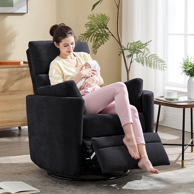 Swivel Rocker Recliner Chair, Manual Swivel Rocking Glider Chair for Nursery Adult Rocking Chair with 2 Pillows for Living Room Bedroom (Black, Manual Operation)