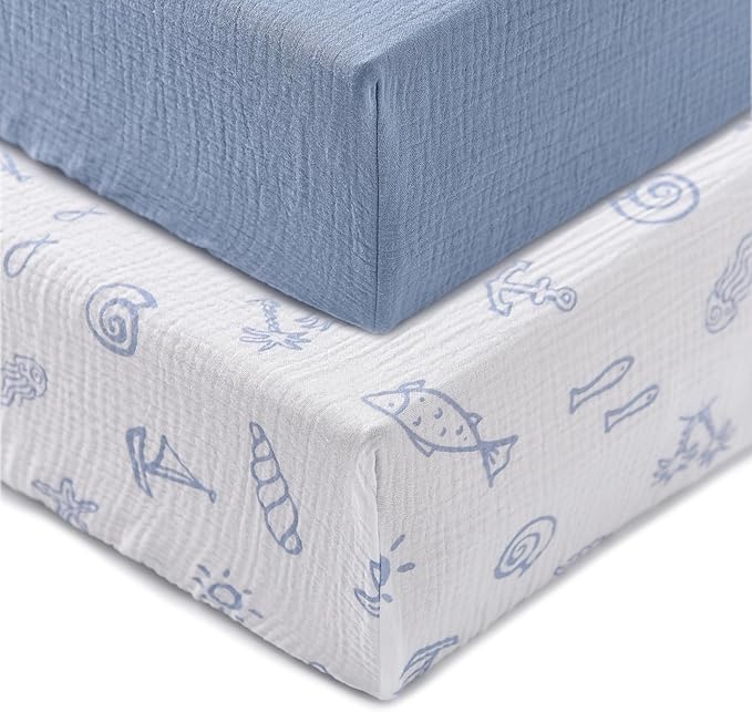 Baby Crib Sheets 2 PCS, 100% Organic Cotton Crib Sheet for Standard Crib Mattress(52”x 28”), Fitted and Soft Breathable Muslin Crib Mattress Sheet for Girl and Boy