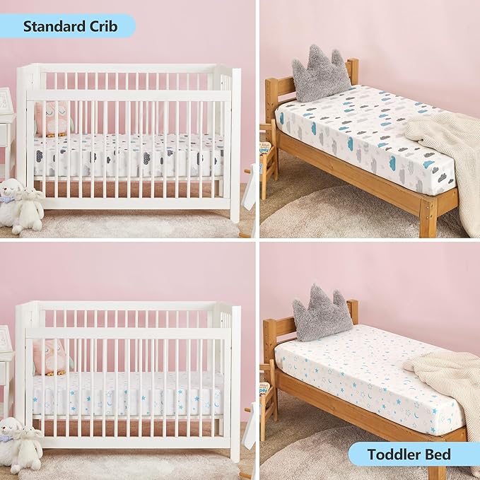 TILLYOU Baby Crib Sheets for Boys Girls, Super Soft Toddler Bed Sheets, 2 Pack Sheets for Standard Crib Mattress 28x52in, Blue Clouds and Stars