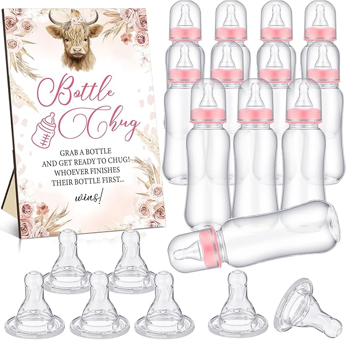 TrelaCo Cool Baby Shower Games Bottle Chug Sign and 12 Pcs Baby Bottle Shower Favor Baby Bottles for Baby Shower Games Gender Reveal (Highland Cow)
