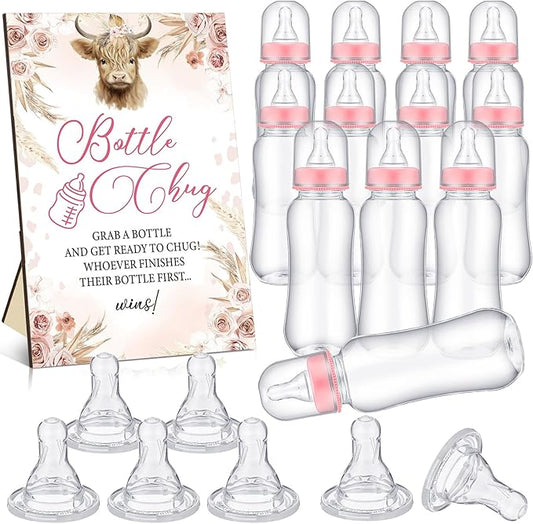 TrelaCo Cool Baby Shower Games Bottle Chug Sign and 12 Pcs Baby Bottle Shower Favor Baby Bottles for Baby Shower Games Gender Reveal (Highland Cow)