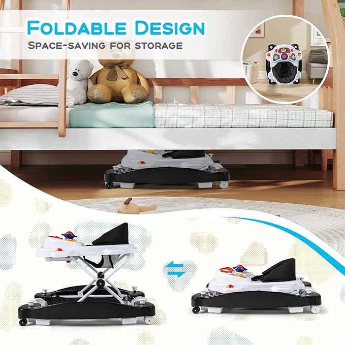 BABY JOY 6-in-1 Baby Walker, Foldable Baby Walker with Wheels, Adjustable Height, Music, Lights, Bouncer & Rocker Mode, Baby Walkers for Boys Girls 6-14 Months (Black)