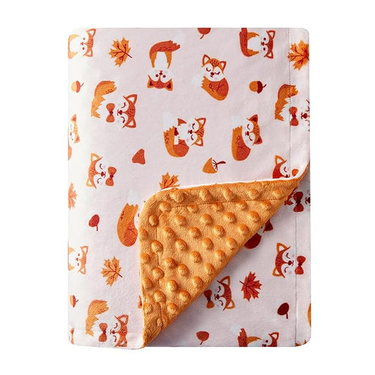 DaysU Silky Micro Soft Plush Baby Blankets Unisex with Print Animal Pattern and Soothing Raised Dots, Double Layer Bed Throws for Toddler Cot, Fox, Orange, 50x60 Inches