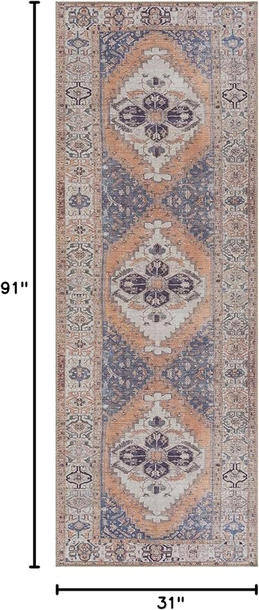 Bloom Rugs Washable 7 ft Runner - Orange/Blue/Beige Traditional Runner for Entryway, Hallway, Bathroom, and Kitchen - Exact Size: 2.5' x 7'