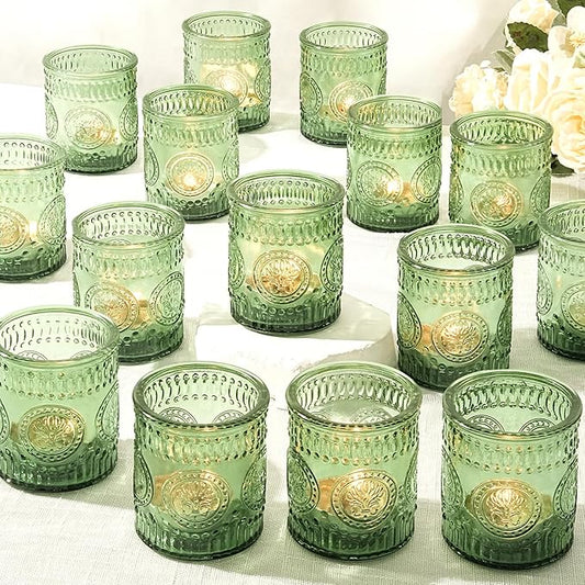 30 Pcs Votive Candle Holders, 2x2.5iInch Green Glass Tea Light Candle Holders for Christmas Decorations, Butterfly Pattern Votives for Wedding, Christmas, Party Decor & Gift-Giving