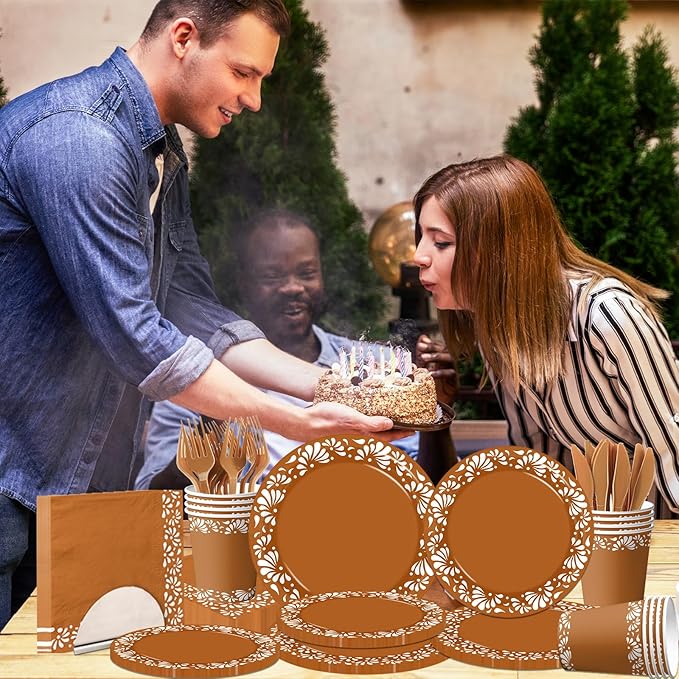 144Pcs Cielito Lindo Party Decoration, Platos De Barro Mexicanos Clay Plates Mexican decor Terracotta Pottery Paper Cups for Mexican Themed Party Decorations Cielito Lindo Baby Shower