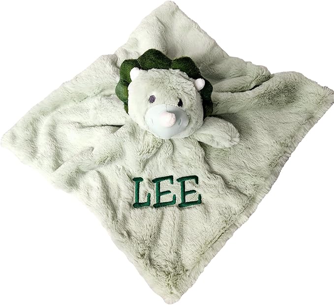 SONA G DESIGNS Custom Personalized Dinosaur Lovey Lovie Security Blanket with Rattle (Green Dino with Embroidered Name)