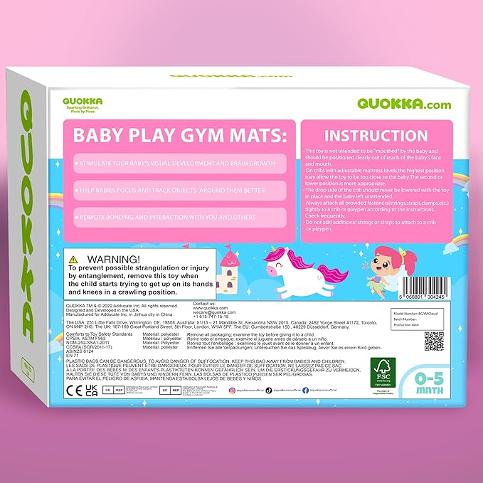 QUOKKA Baby Play Gym XL – Unicorn-Themed Baby Play Mat with 6 Large Sensory Toys – Tummy Time Mat for Infant Development – Machine Washable Newborn Essentials Must Haves – Gender Neutral Gift Items