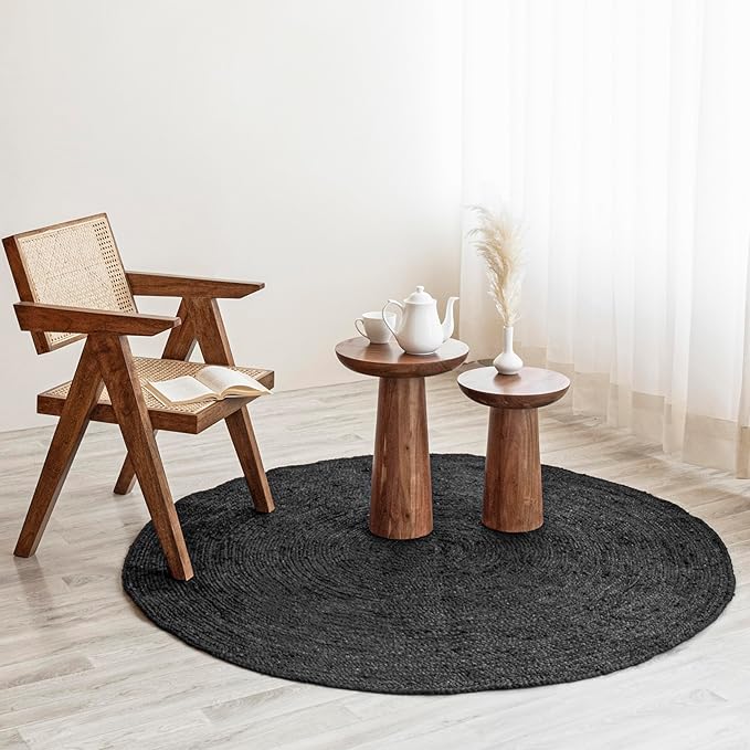 HOMEMONDE 8ft Round Black Jute Rug - Handwoven Braided Reversible Vintage Area Rug Farmhouse Rustic and Bohemian Eco Friendly Home Décor for Bedroom, Living Room and Kitchen