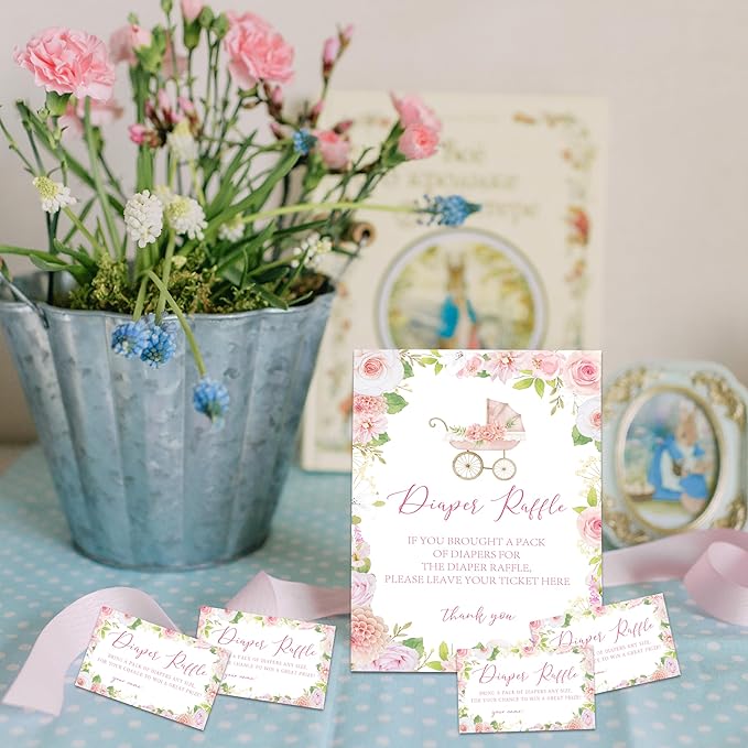 Floral Stroller Diaper Raffle Set For Baby Shower - 50 Raffle Tickets With 1 Standing Sign - Baby Announcement, Gender Reveal Baby Shower Party Decoration Game Set - A05