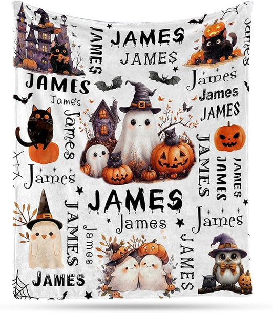 Ship Next Day, Custom Halloween Blanket - Printed in USA, Personalized Baby Blankets with Name, Gift for Kids Girls Boys, Unique Present for Birthday, Christmas, Halloween Bats Toddler Blanket