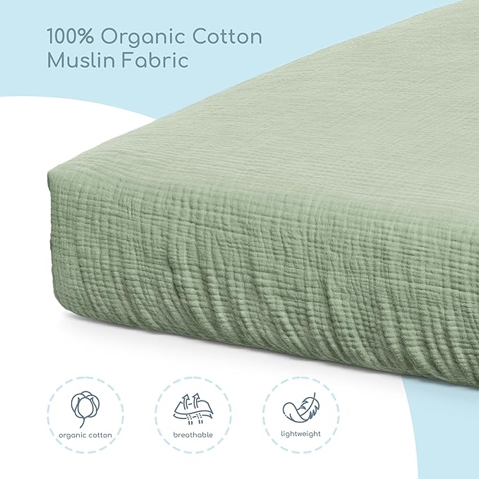 Muslin Crib Sheets, 100% Organic Cotton, Breathable and Ultra-Soft, Standard Crib Sheet Mattress (28"x 52") for Girls and Boys, Neutral Fitted Baby Crib Sheet (Sage Green)