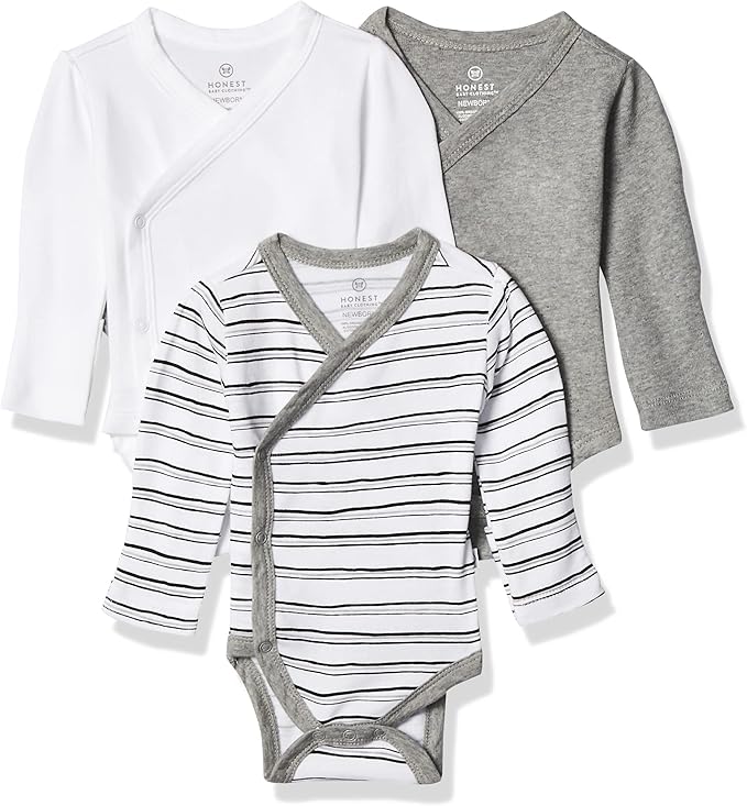 HonestBaby unisex-baby 3-pack Long Sleeve Side-snap Kimono Bodysuits Organic Cotton for Infant Baby Boys, Girls, Unisex