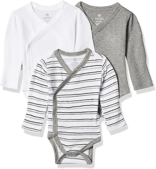 HonestBaby unisex-baby 3-pack Long Sleeve Side-snap Kimono Bodysuits Organic Cotton for Infant Baby Boys, Girls, Unisex