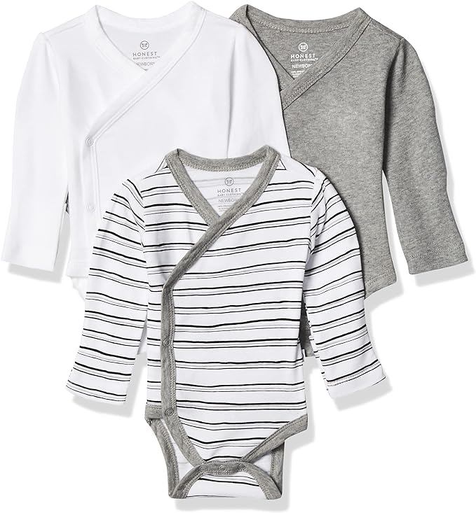 HonestBaby unisex-baby 3-pack Long Sleeve Side-snap Kimono Bodysuits Organic Cotton for Infant Baby Boys, Girls, Unisex