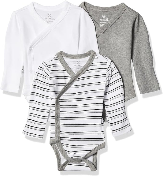 HonestBaby unisex-baby 3-pack Long Sleeve Side-snap Kimono Bodysuits Organic Cotton for Infant Baby Boys, Girls, Unisex