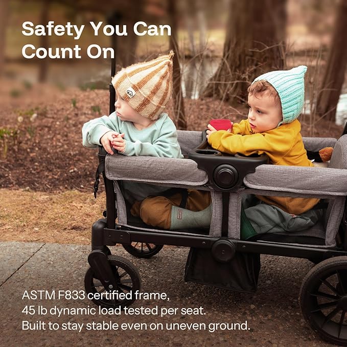 HARPPA All-Terrain Wagon Stroller for 2 Kids, Foldable Outdoor & Beach Stroller Wagon with Removable Canopy, Adjustable Push & Pull Handle, Footwell & Large Storage, Grey