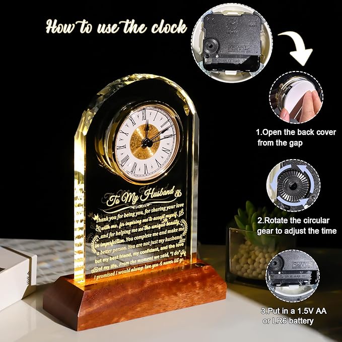 Glass Clock Gifts for Husband from Wife with Wooden Light Base, Personalized Gift for Husband Who Has Everything on Birthday Anniversary, Presents for Him on Christmas Home Desk Clock