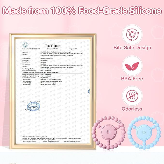 Vibrating Teething Toy with 3D Multi-Texture, Food-Grade Silicone Sensory Chew Toy for Autism Kids and Baby 3-18 Months, Baby Teething Ring for Teething Relief, Light Pink