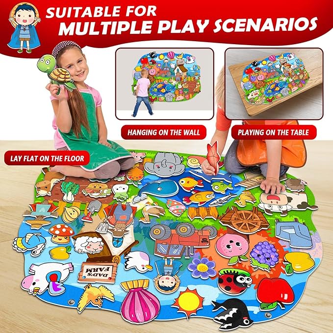 SKOLESK 77 Pcs Farm Animals Felt Story Board Set Preschool Farmhouse Themed Early Learning Storytelling Flannel Board Interactive Educational Play Kit Mat for Toddlers Kids 41x29 inch