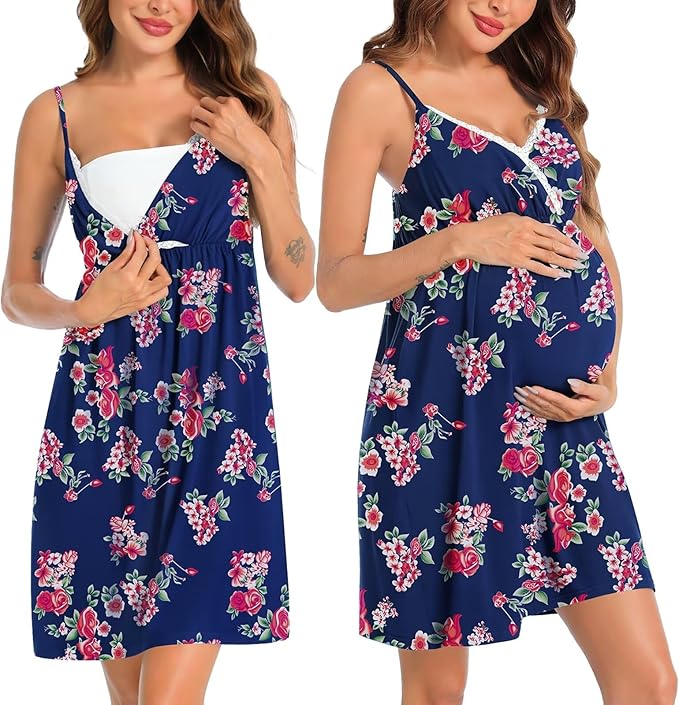 SWOMOG Womens Maternity Robe 2 Piece Nursing Nightgown for Breastfeeding 3 in 1 Labor Delivery Nursing Dress Lace Bathrobe