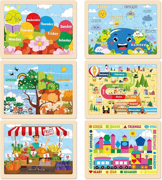 Wooden Puzzles for Kids, 6 Packs 24Pcs Wooden Number Shape Seasons Toddler Jigsaw Puzzles, Preschool Educational Learning Toys Gifts for Boys and Girls 2 3 4 5 6 Year Old