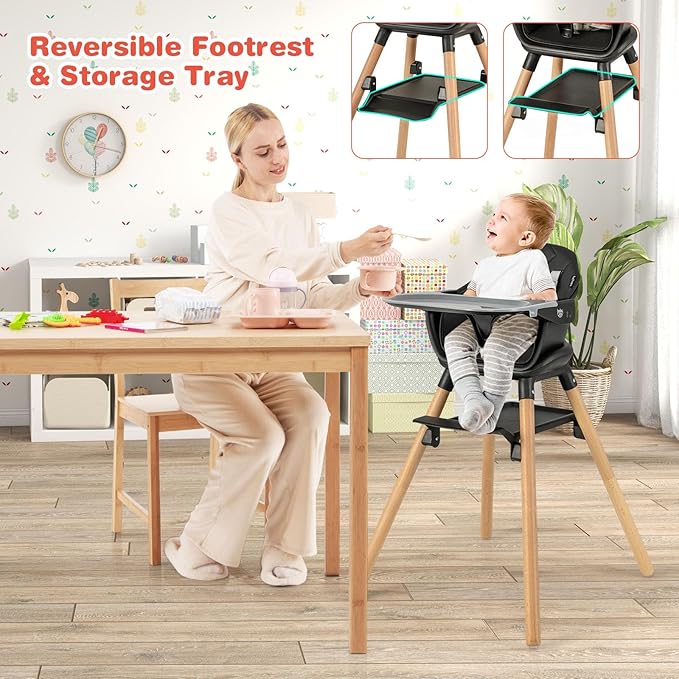 HONEY JOY Baby High Chair, 6 In 1 Convertible Wooden Highchair for Babies and Toddlers/Toddler Chair/Bar Stool, Removable Double Tray & Reversible Footrest, Safety Harness for Infant Boys Girls(Black)