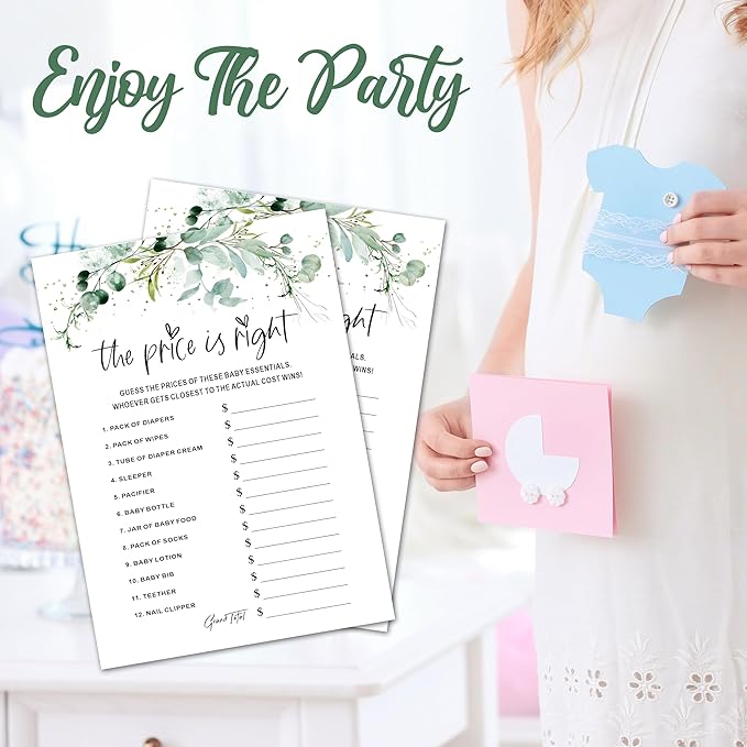 Baby Shower Game Cards - Set of 30 The Price Is Right Game - Greenery Double Sided Print Baby Announcement Gender Reveal Game Card For Parents To Be - Baby Shower Party Activities Supplies - A12