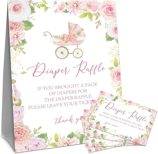 Floral Stroller Diaper Raffle Set For Baby Shower - 50 Raffle Tickets With 1 Standing Sign - Baby Announcement, Gender Reveal Baby Shower Party Decoration Game Set - A05